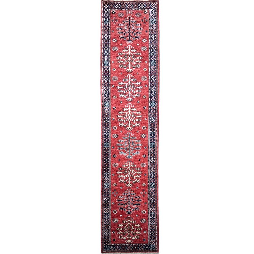 El Dokuma Kırmızı Afgan Kabile Yün Yolluk Halı (85x405 cm)