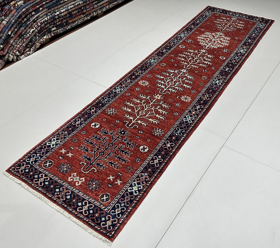 El Dokuma Bordo Afgan Kabile Yün Yolluk Halı (80x300 cm) - Görsel 6