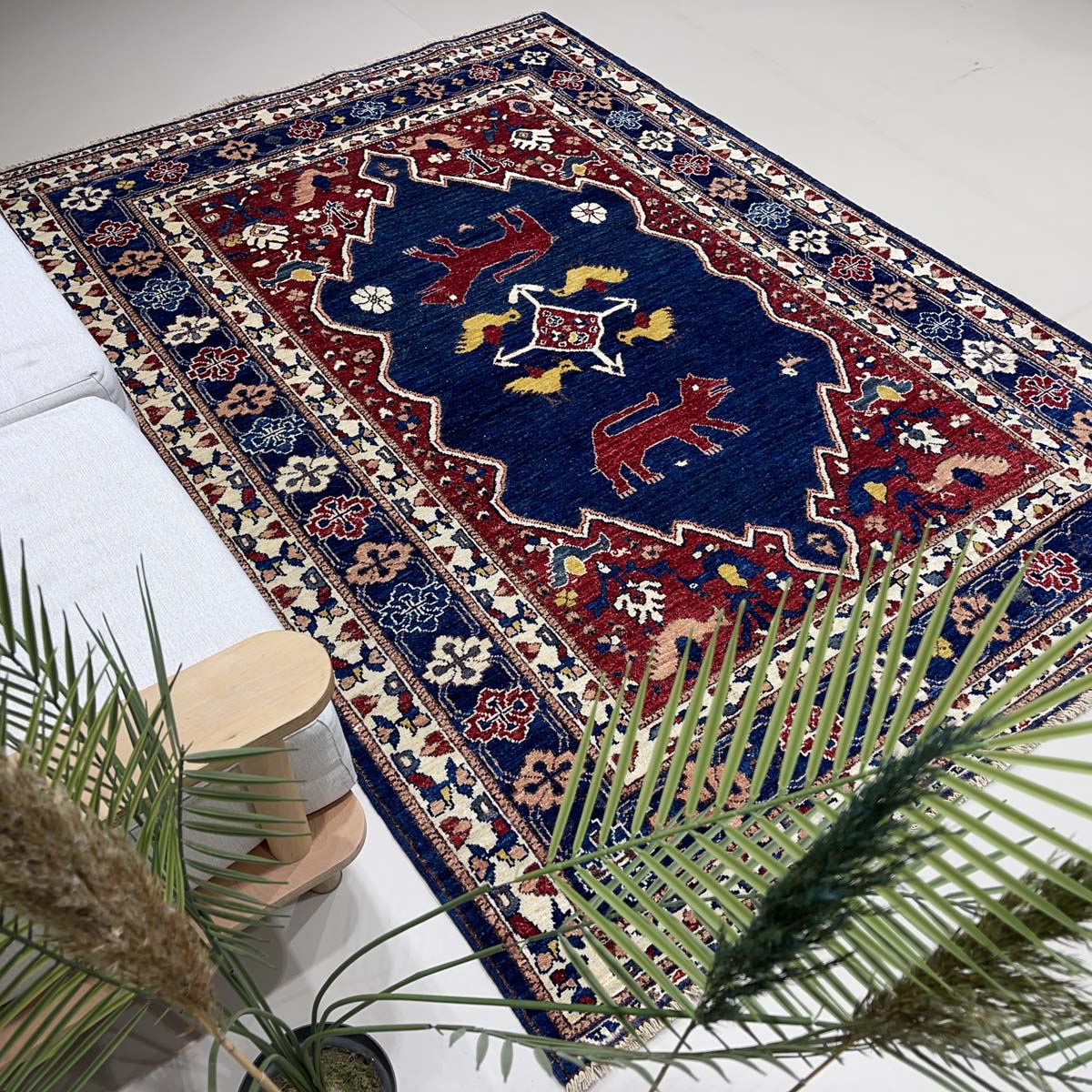 El Dokuma Lacivert Afgan Kabile Yün Halı (160x220 cm) - Görsel 3