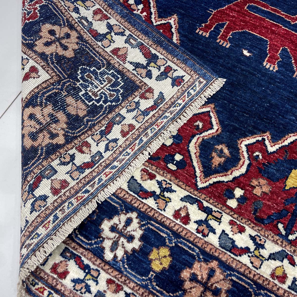 El Dokuma Lacivert Afgan Kabile Yün Halı (160x220 cm) - Görsel 6