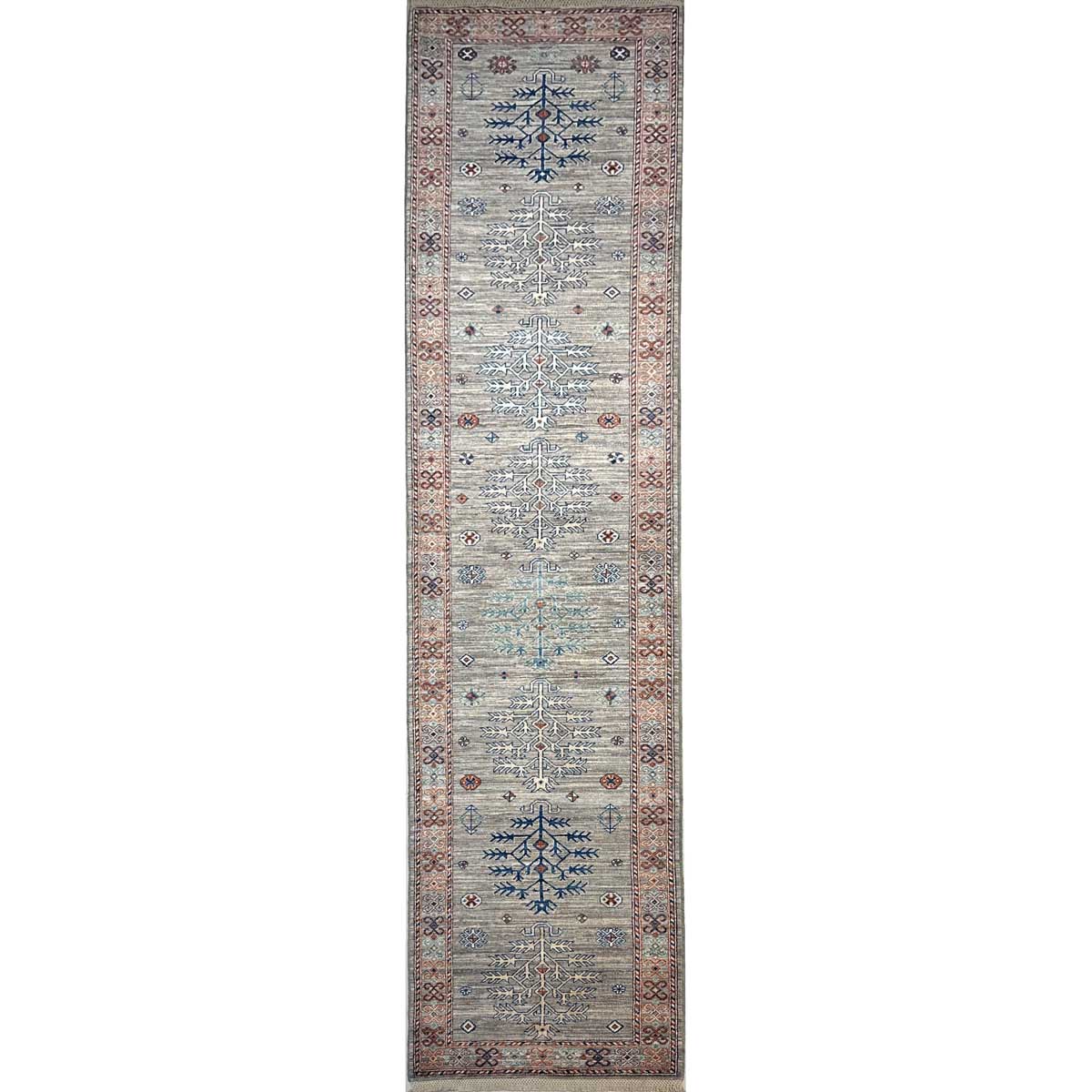 El Dokuma Natural Gri Afgan Kabile Yün Yolluk Halı (85x390 cm)
