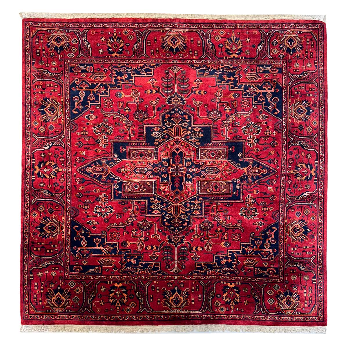 El Dokuma Afgan Heris Madalyon Kare Yün Halı (150x150 cm)