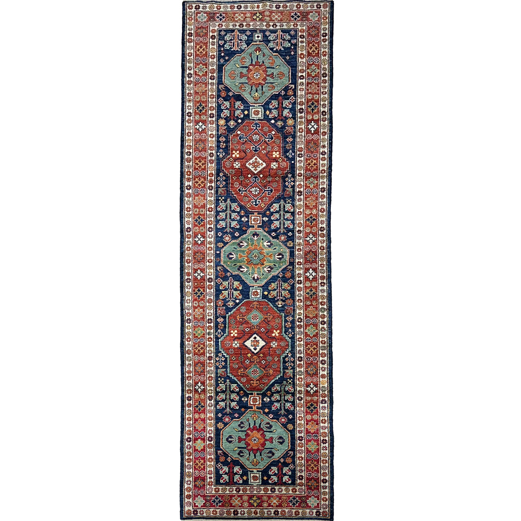 El Dokuma Lacivert Afgan Kabile Yün Yolluk Halı (85x300 cm)