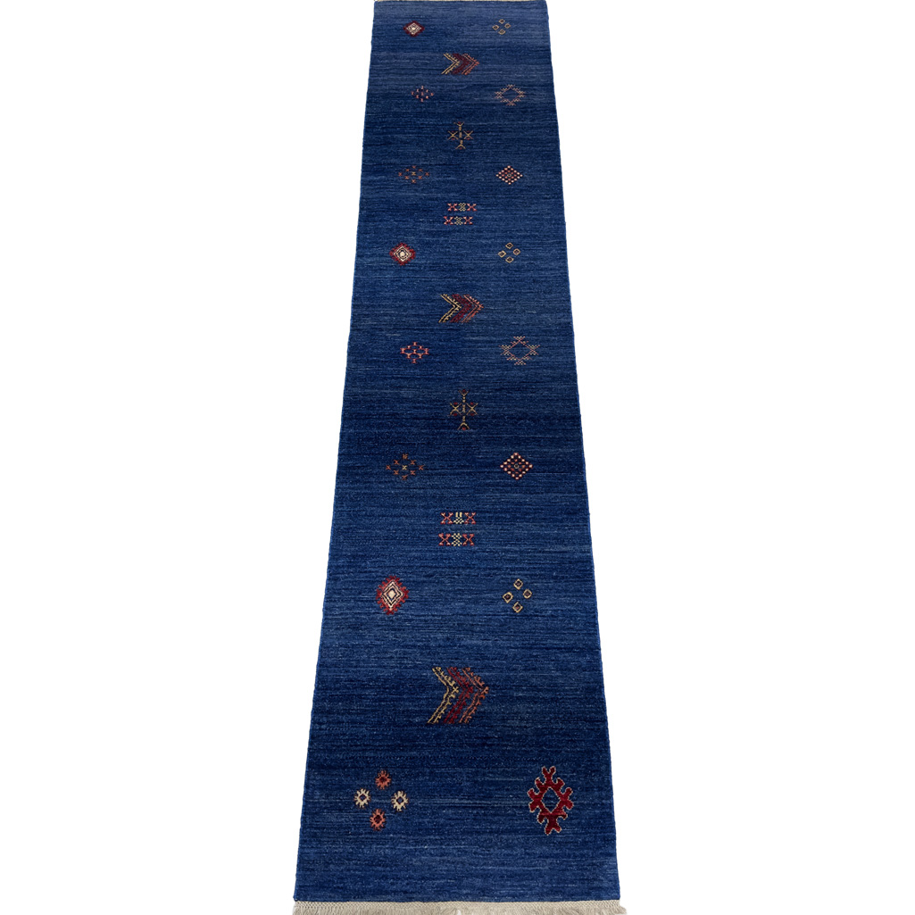 El Dokuma Mavi Modern Yün Yolluk Halı (85x390 cm)