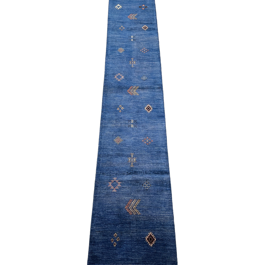 El Dokuma Mavi Modern Yün Yolluk Halı (80x420 cm)