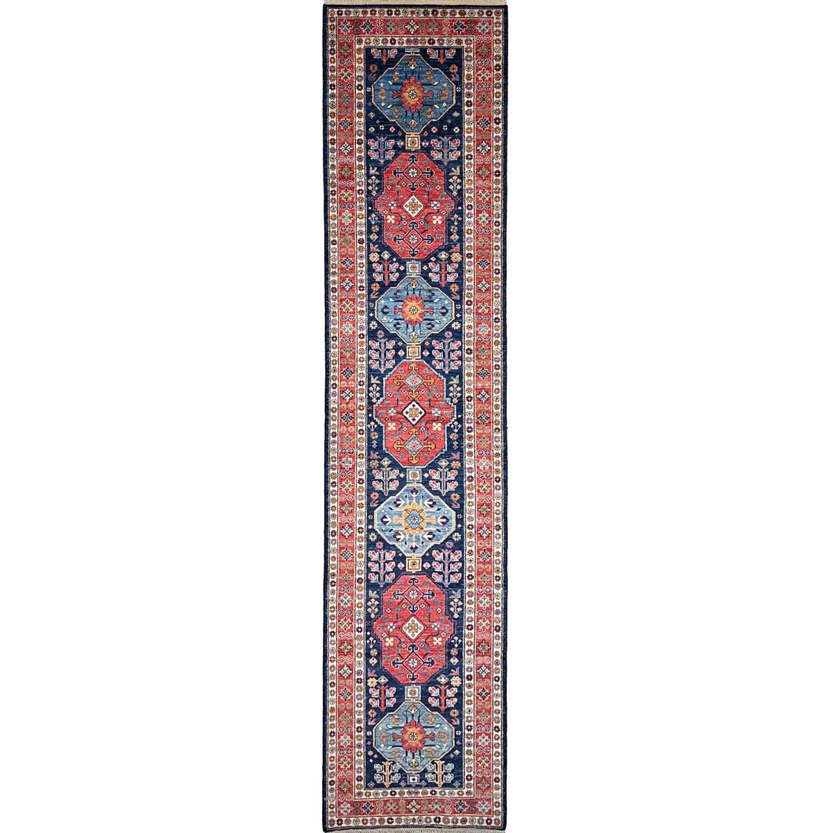 El Dokuma Lacivert Afgan Kabile Yün Yolluk Halı (80x390 cm)