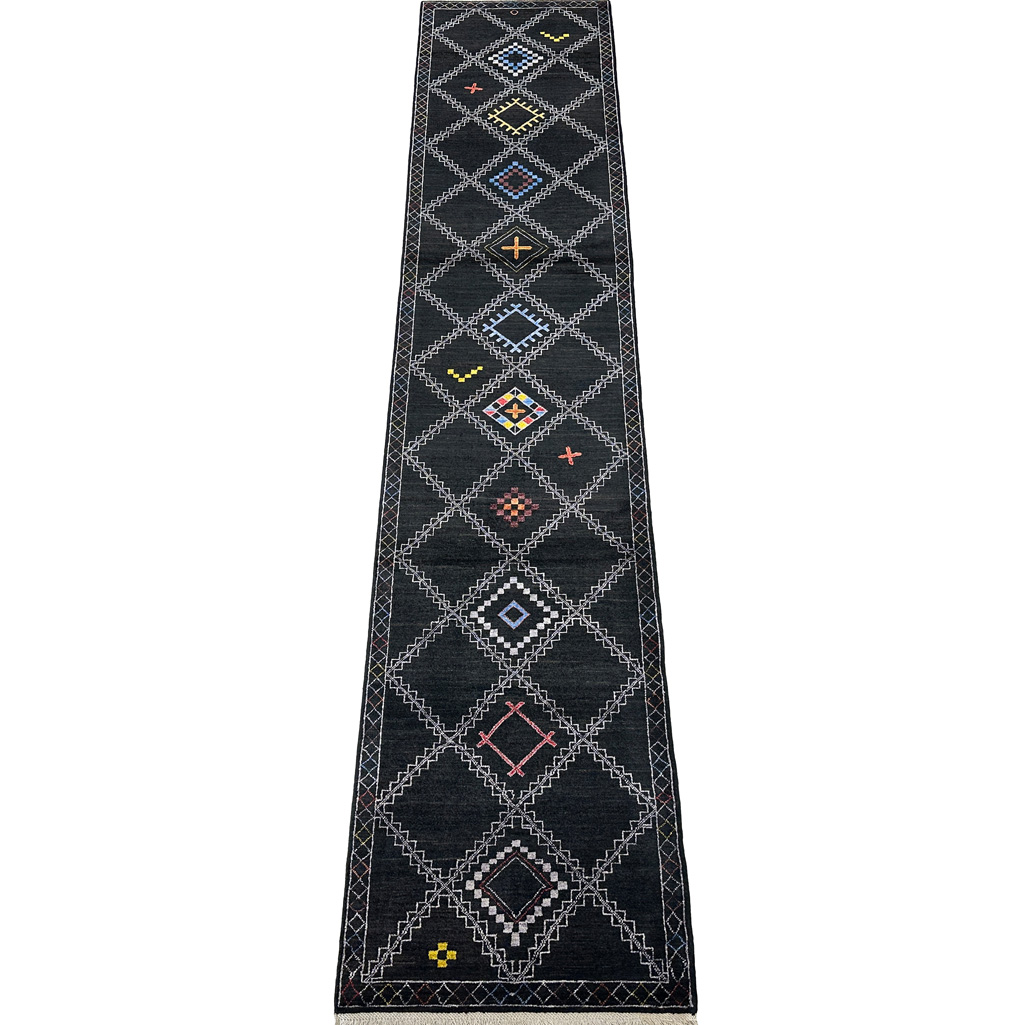 El Dokuma Siyah Modern Yün Yolluk Halı (80x390 cm)