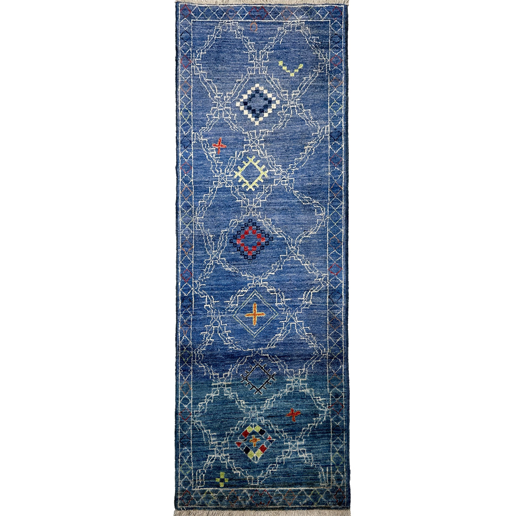 El Dokuma Mavi Modern Yün Yolluk Halı (65x170 cm)