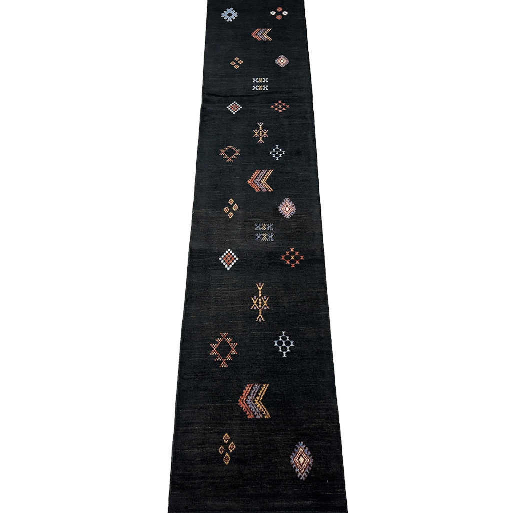 El Dokuma Siyah Modern Yün Yolluk Halı (80x380 cm)