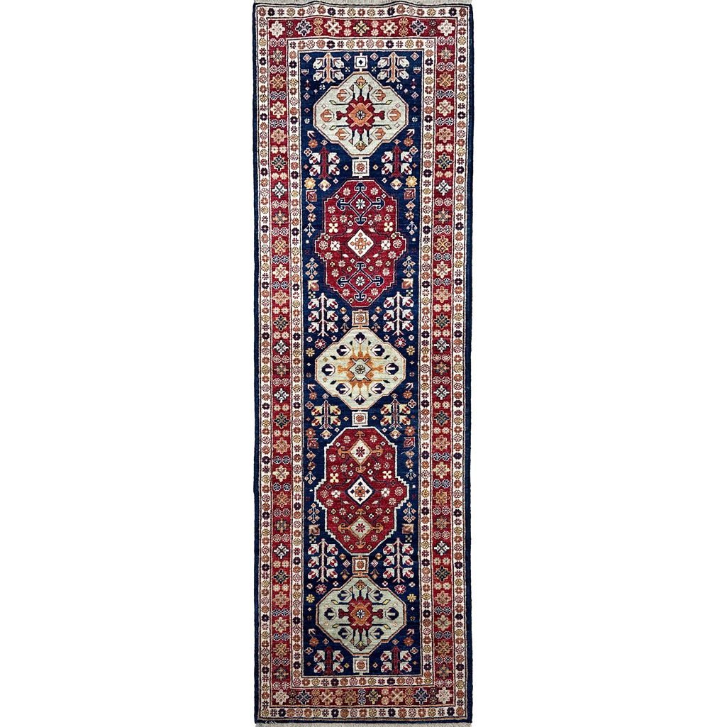 El Dokuma Lacivert Afgan Kabile Yün Yolluk Halı (80x290 cm)