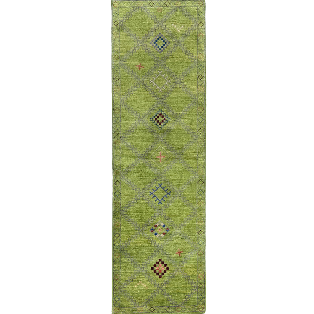 El Dokuma Yeşil Modern Yün Yolluk Halı (75x250 cm)