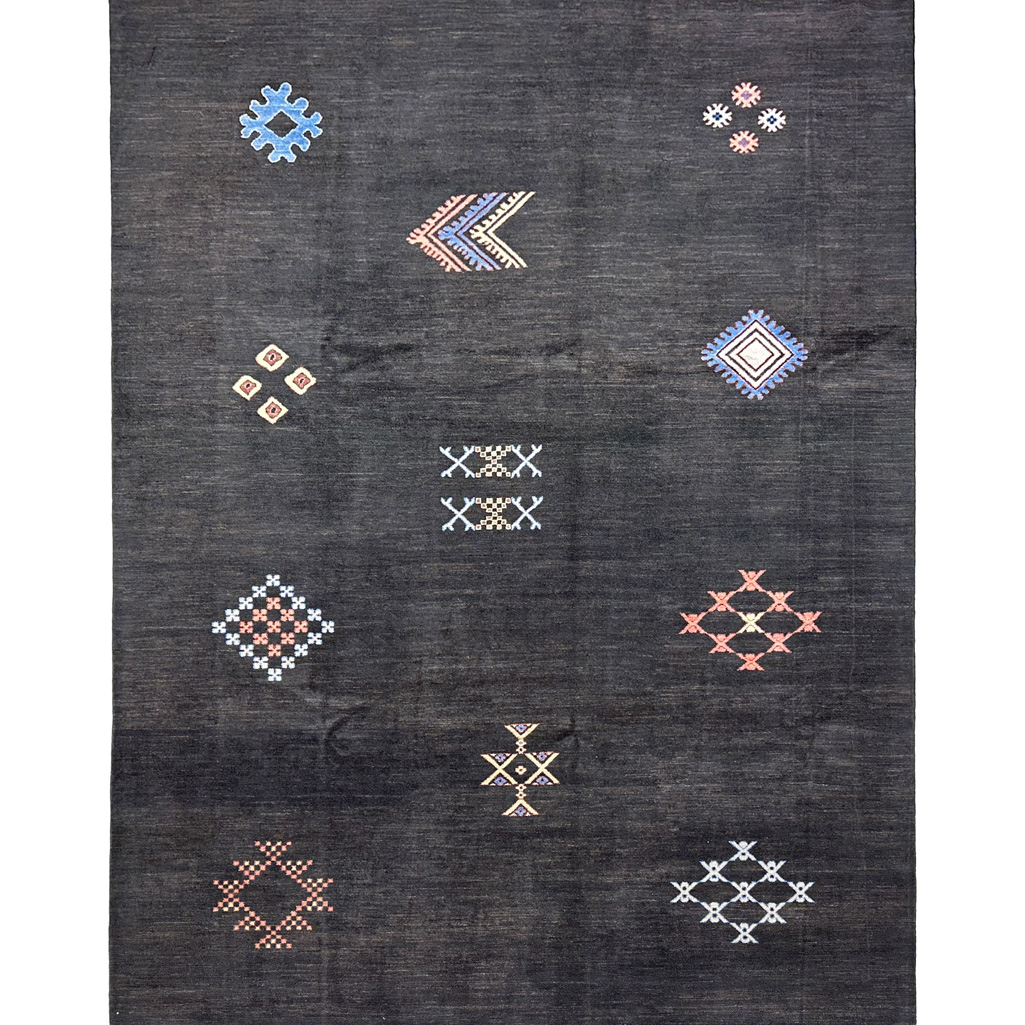 El Dokuma Siyah Afgan Modern Yün Halı (270x360 cm)