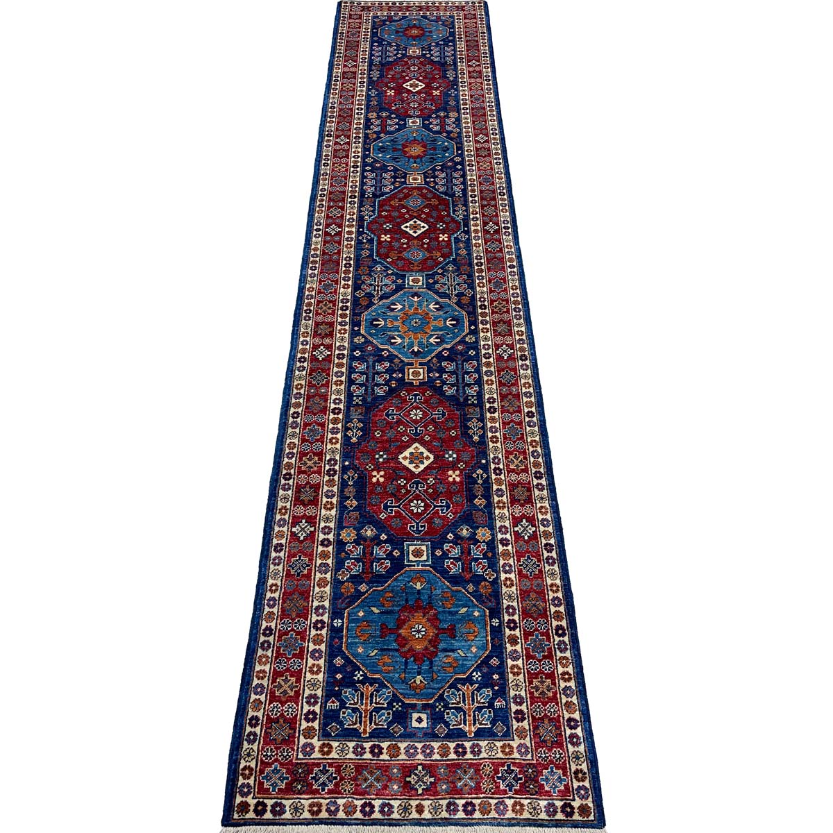 El Dokuma Lacivert Afgan Kabile Yün Yolluk Halı (80x390 cm)