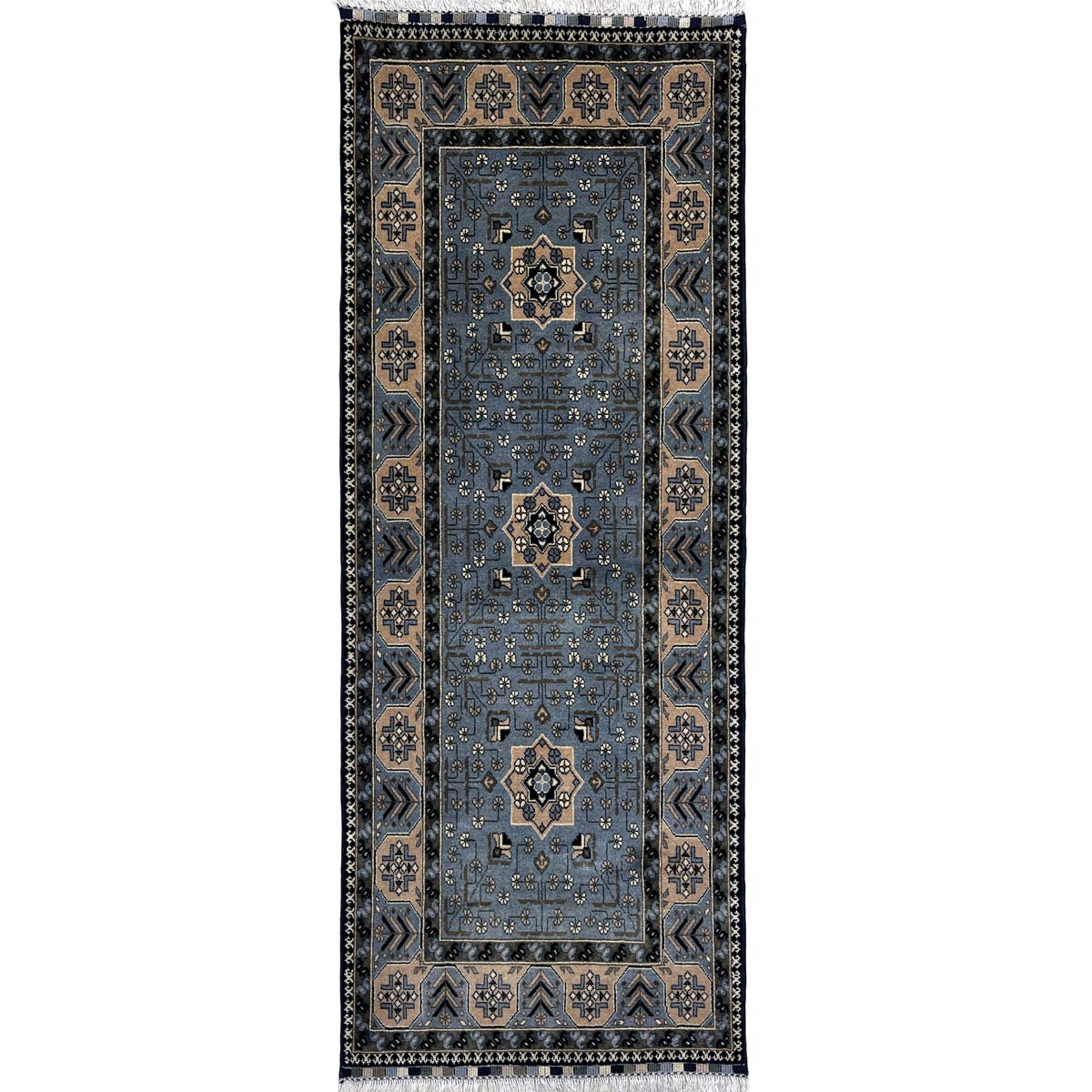 El Dokuma Mavi Afgan Khal Mohammadi Yün Yolluk Halı (90x200 cm)