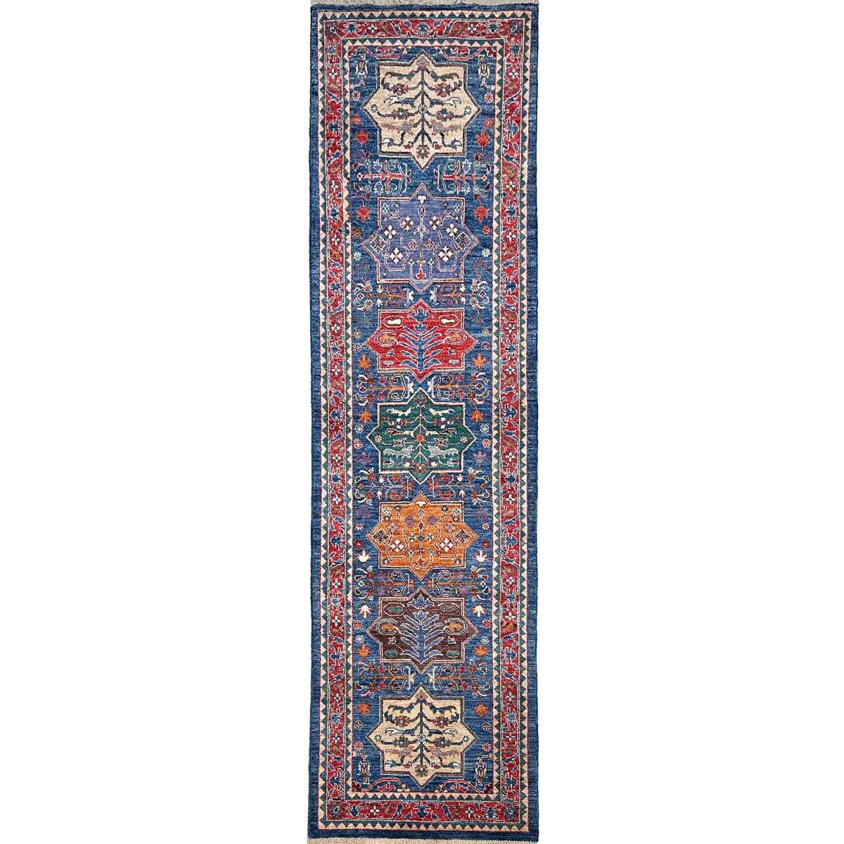 El Dokuma Mavi Afgan Kabile Yün Yolluk Halı (80x300 cm)