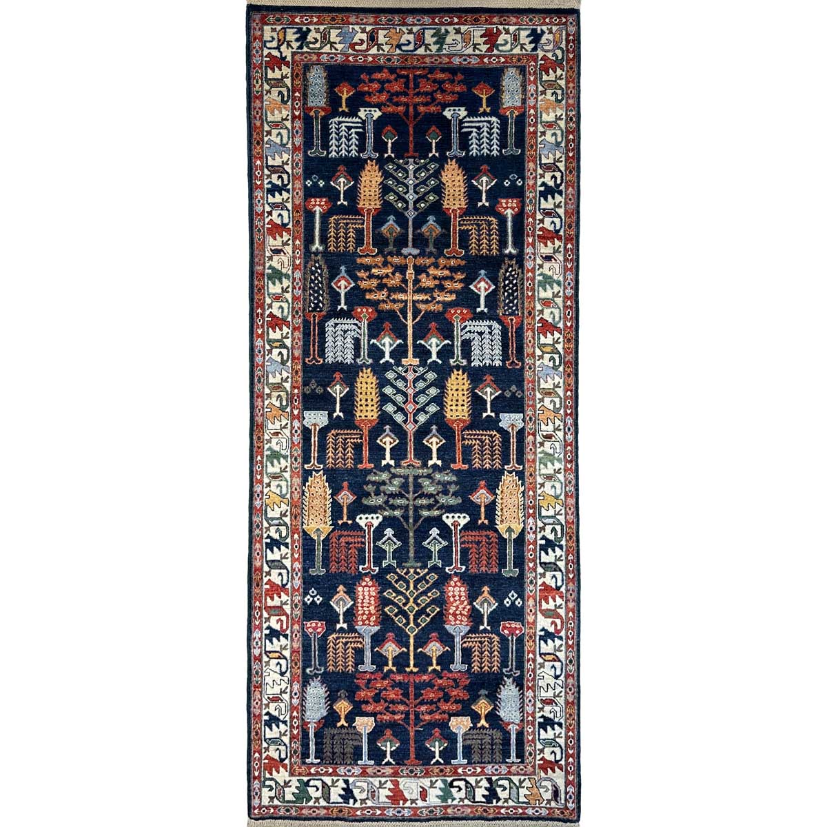 El Dokuma Lacivert Afgan Kabile Yün Geniş Yolluk Halı (120x300 cm)