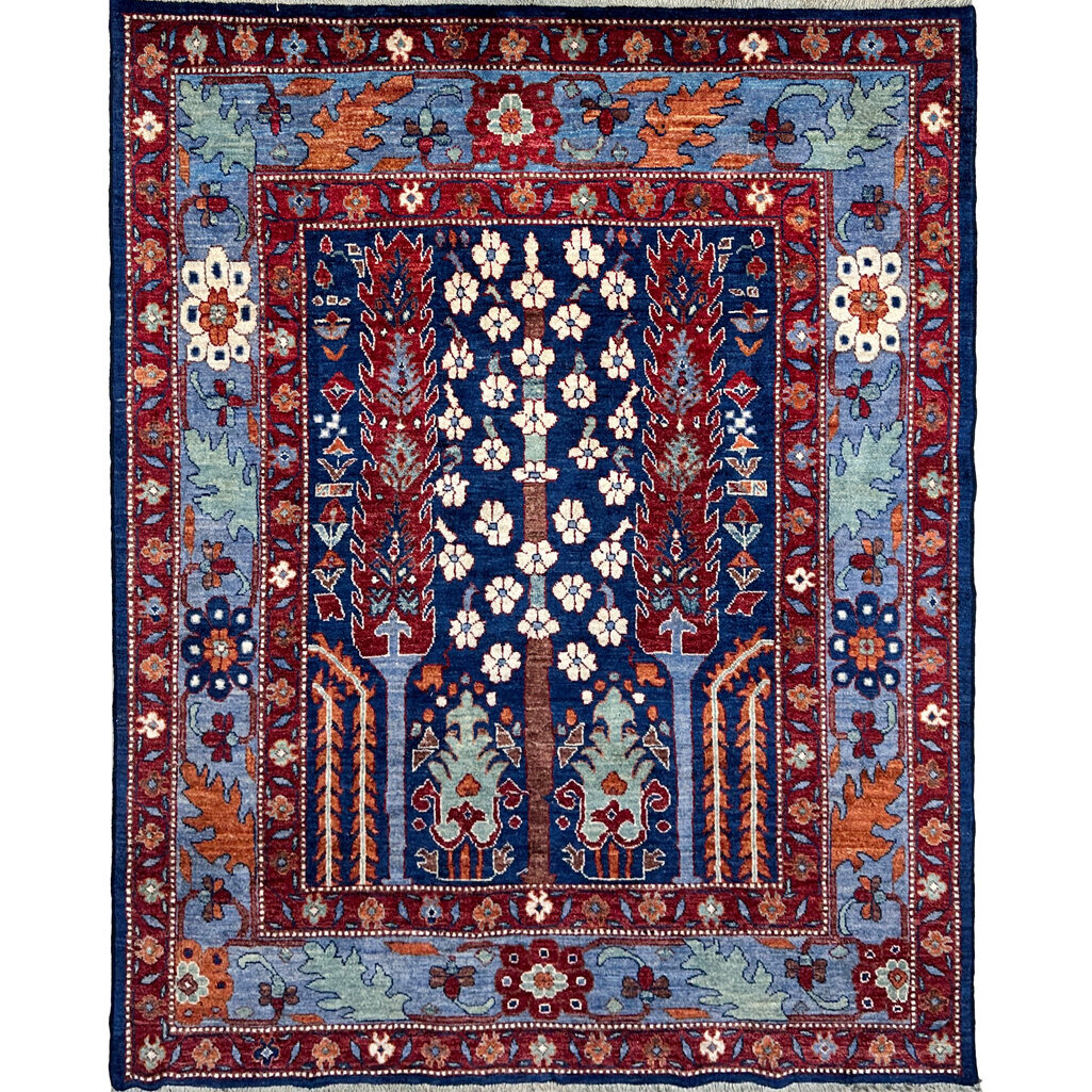 El Dokuma Mavi Ağaç Motifli Afgan Kabile Yün Halı (155x185 cm)