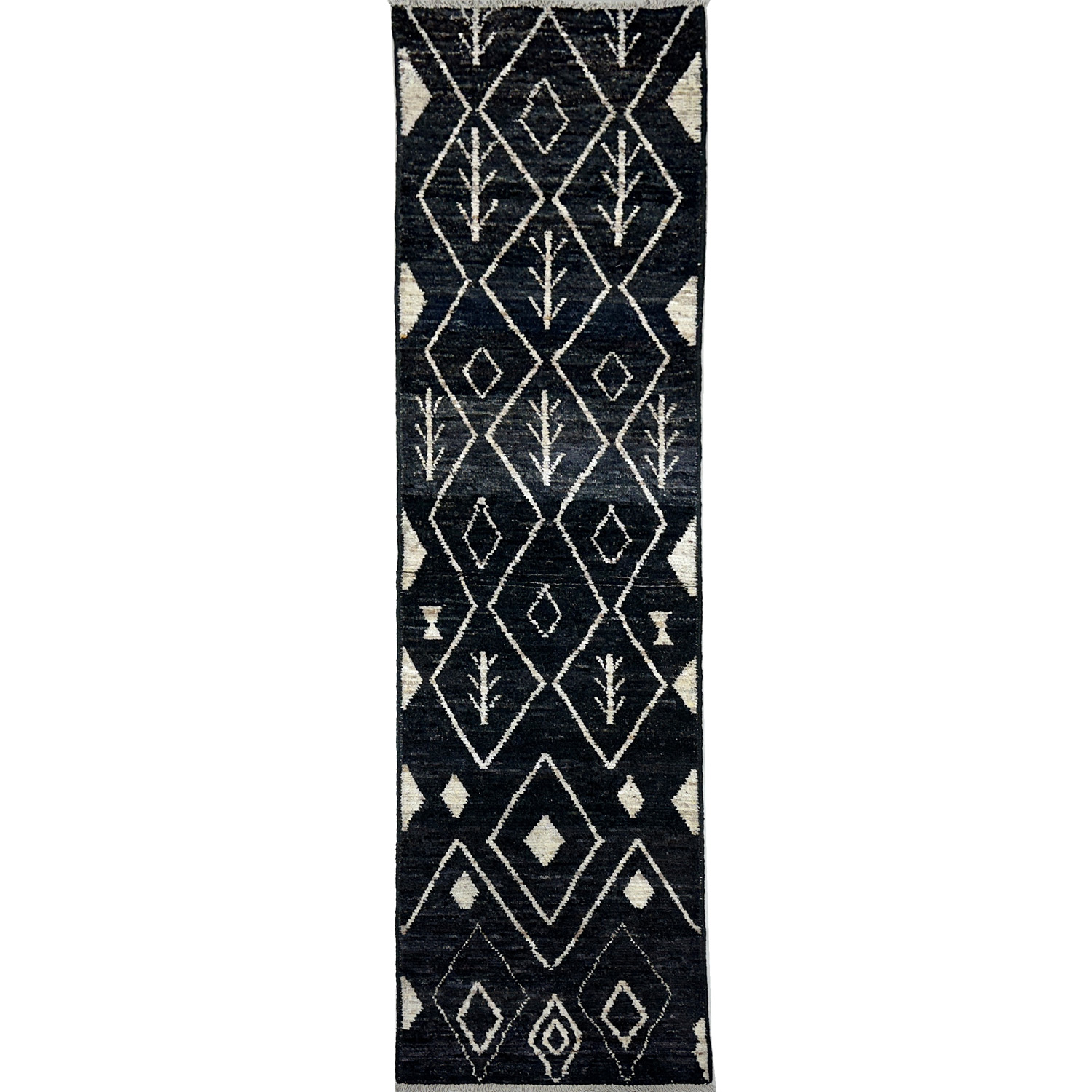 El Dokuma Siyah Bohem Fas Yün Yolluk Halı (80x300 cm)