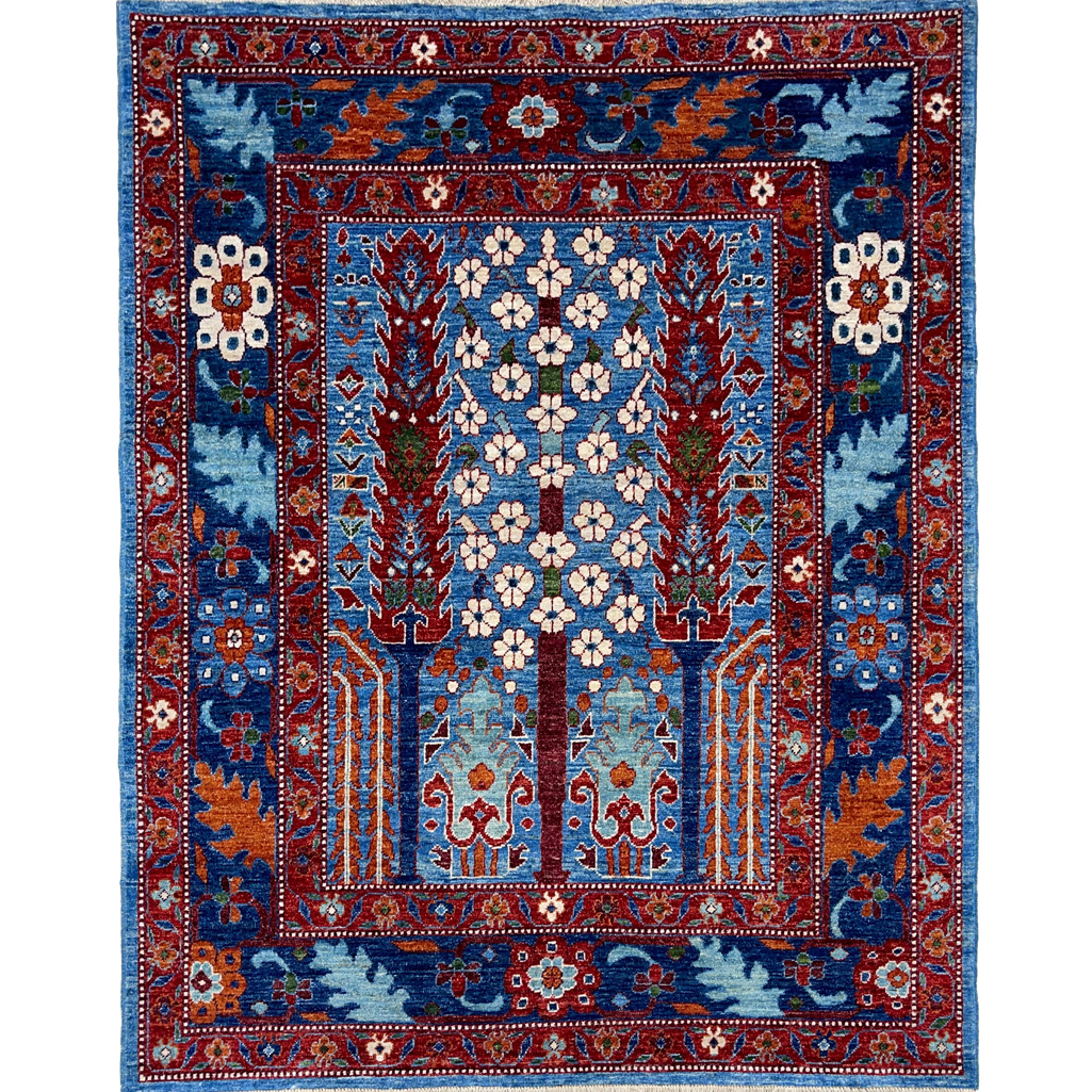 El Dokuma Mavi Ağaç Motifli Afgan Kabile Yün Halı (155x185 cm)