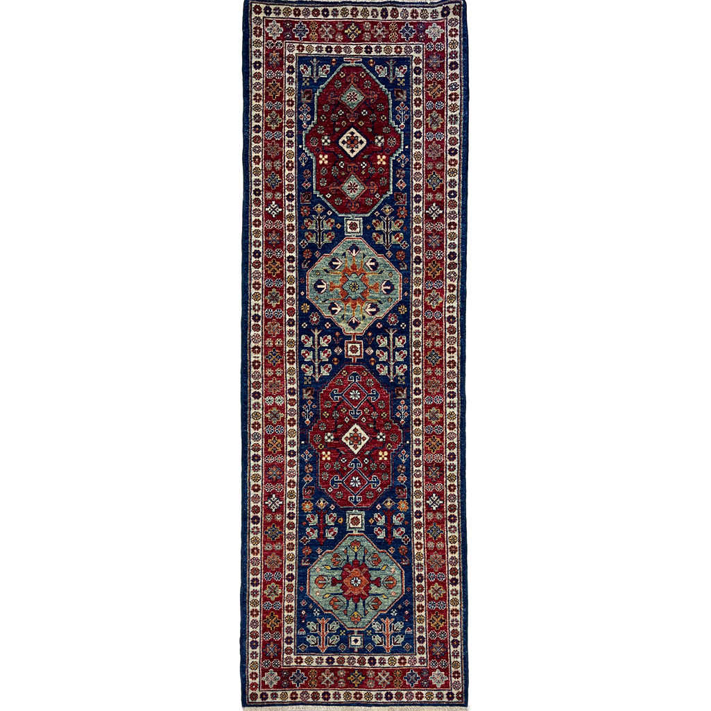 El Dokuma Lacivert Afgan Kabile Yün Yolluk Halı (80x250 cm)