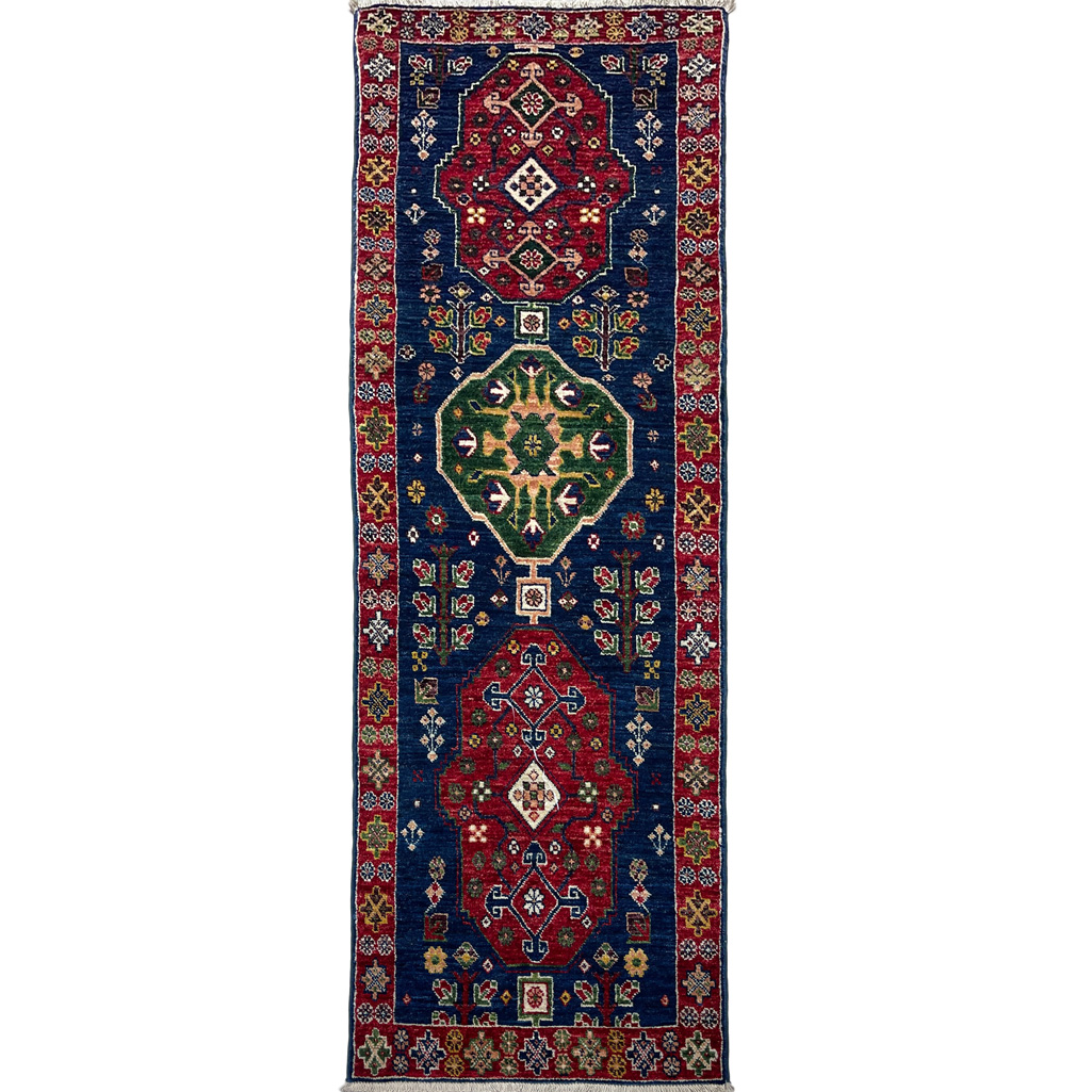 El Dokuma Lacivert Afgan Kabile Yün Yolluk Halı (70x200 cm)