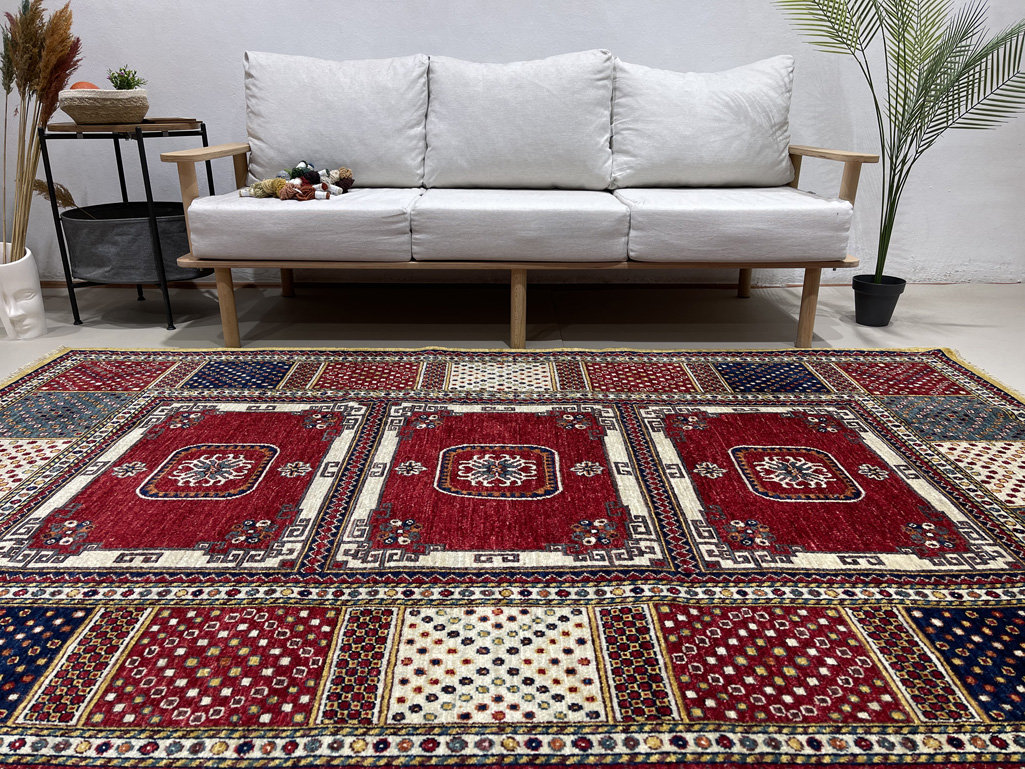 El Dokuma Afgan Kabile Kırmızı Yün Halı (150x250 cm) - Görsel 3