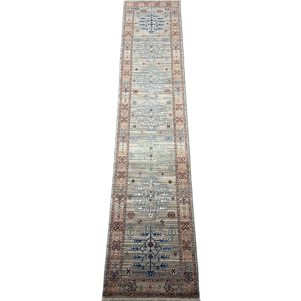 El Dokuma Natural Gri Afgan Kabile Yün Yolluk Halı (75x390 cm)