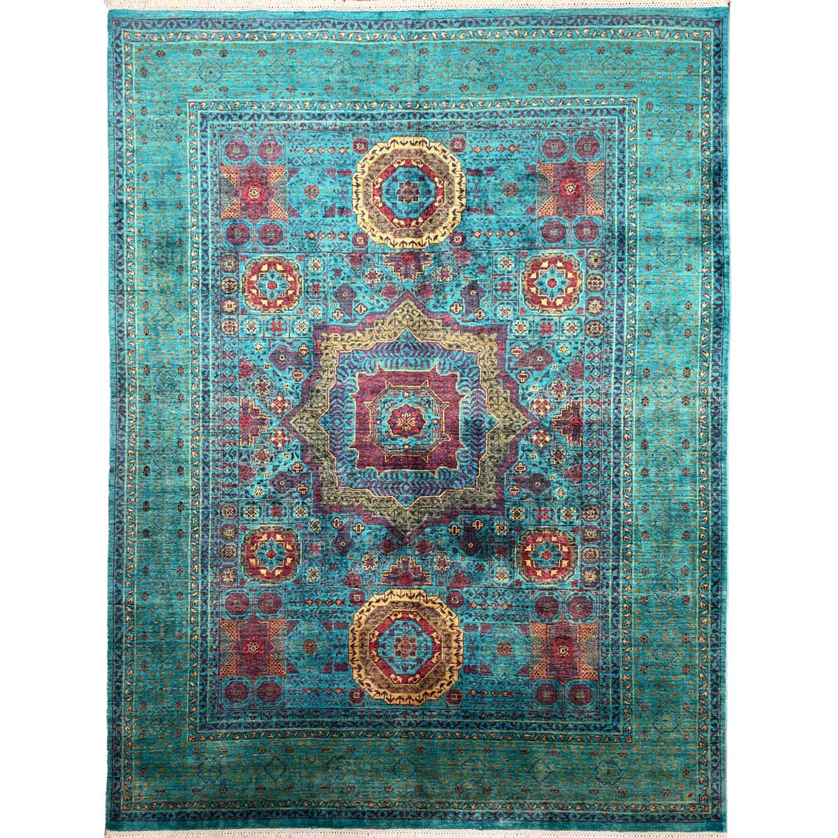El Dokuma Turkuaz Memlük Yün Halı (160x205 cm)
