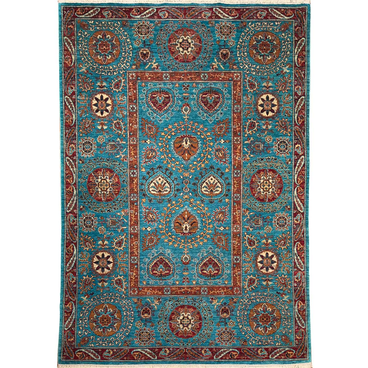 El Dokuma Turkuaz Buhara Suzani Kabile Yün Halı (150x210 cm)