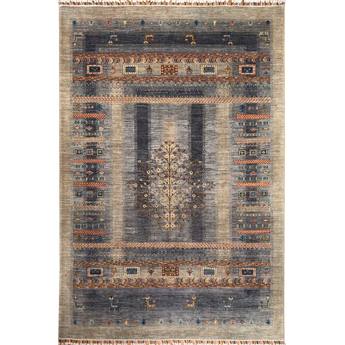 El Dokuma Gri Hayat Ağacı Afgan Kabile Yün Halı (170x240 cm)