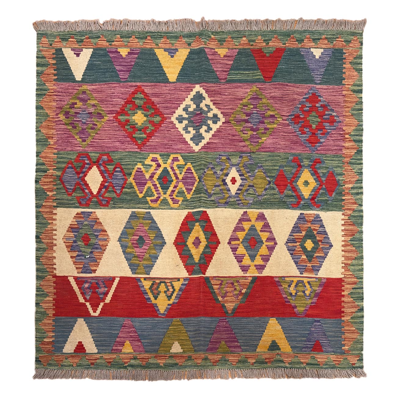 El Dokuma Anadolu Desenli Kare Yün Kilim (150x150 cm)