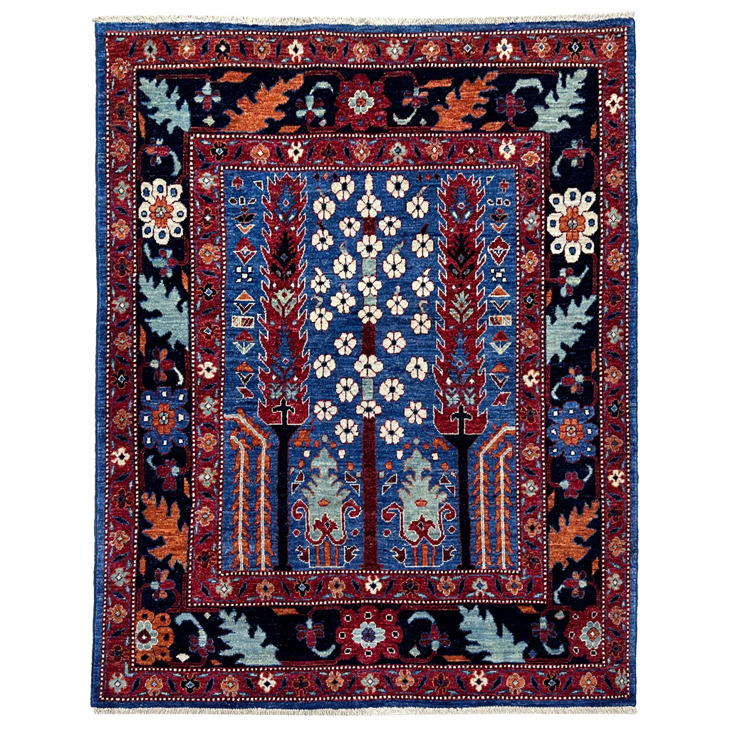 El Dokuma Mavi Ağaç Motifli Yün Halı (150x185 cm)