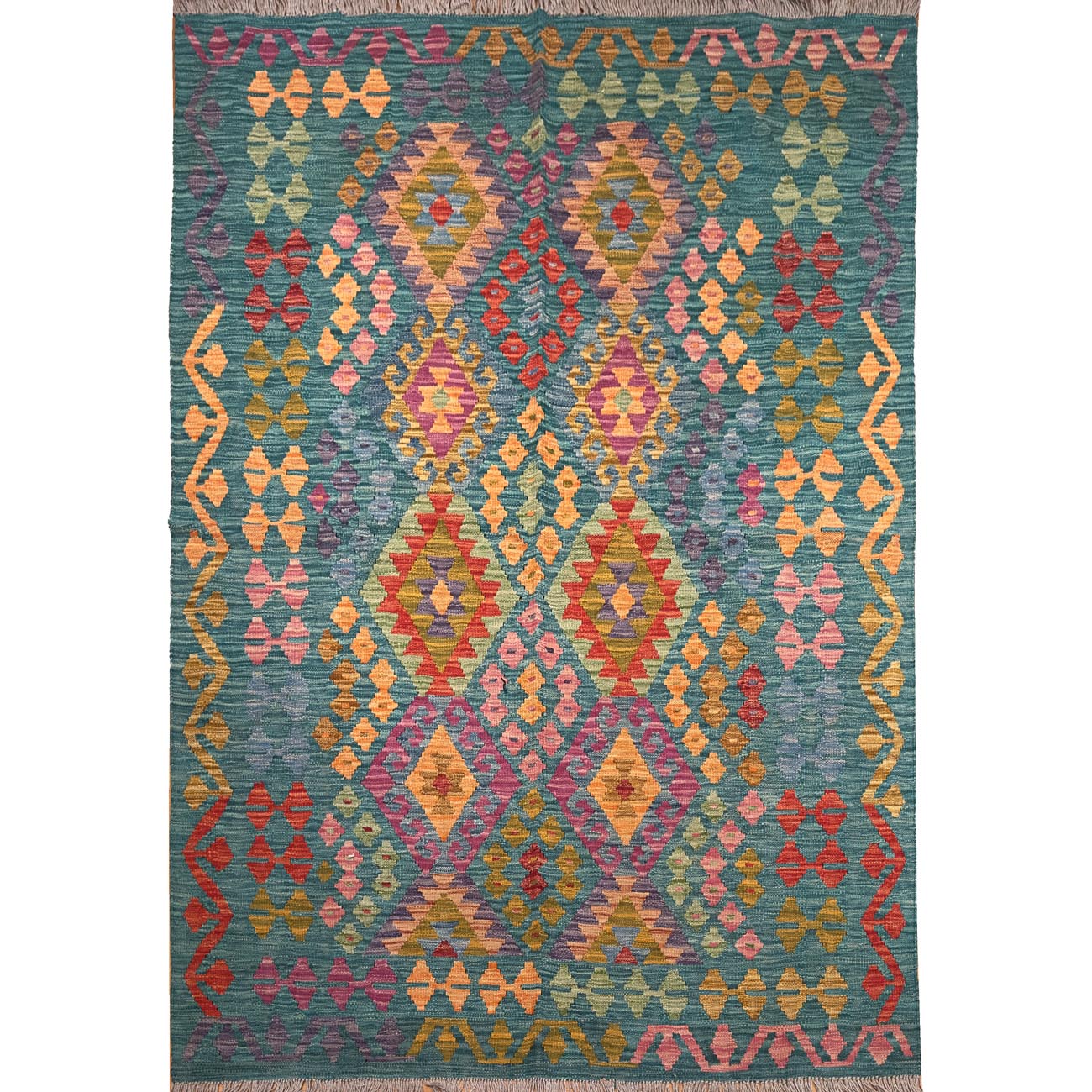 El Dokuma Yeşil Anadolu Desenli Yün Kilim (150x200 cm)