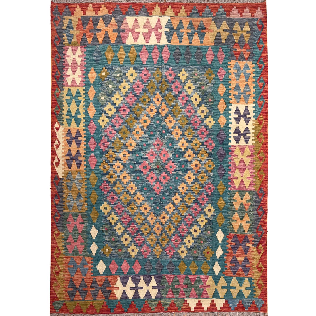 El Dokuma Yeşil Anadolu Desenli Yün Kilim (150x195 cm)