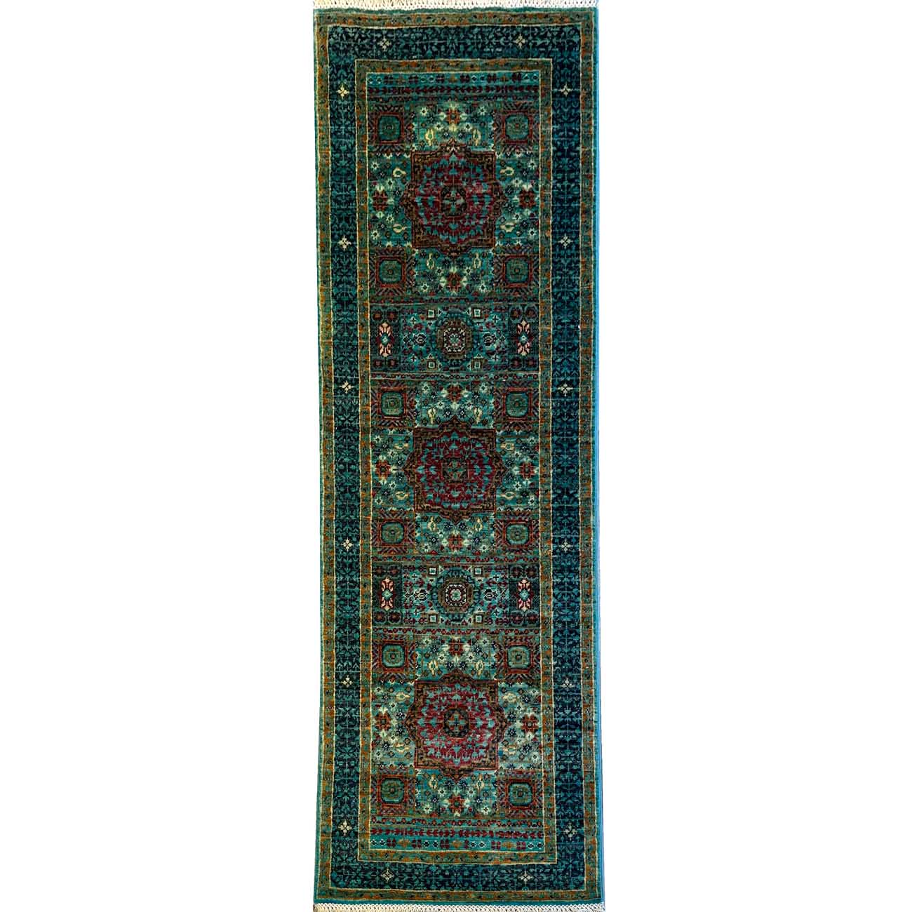 El Dokuma Turkuaz Memlük Yün Yolluk Halı (60x180 cm)
