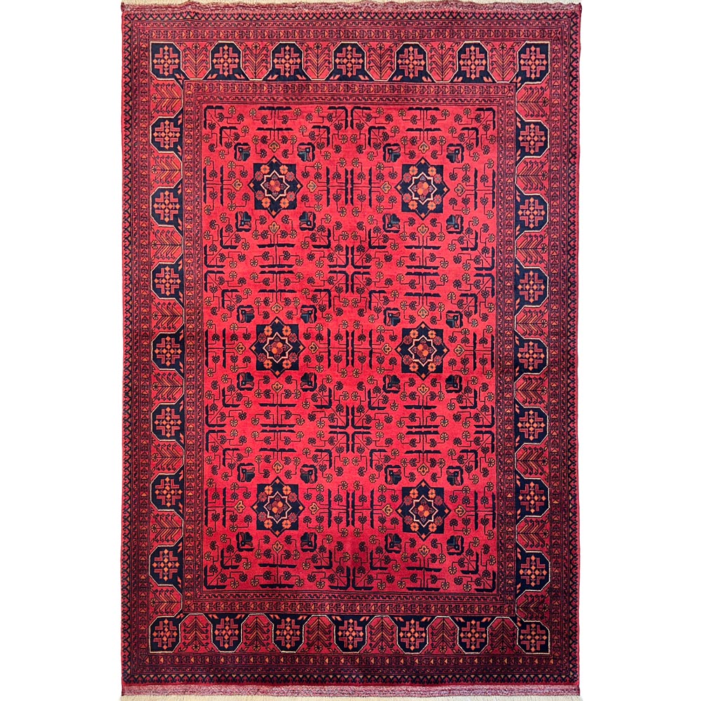 El Dokuma Yıldız Desenli Kırmızı Afgan Yün Halı (155x225 cm)