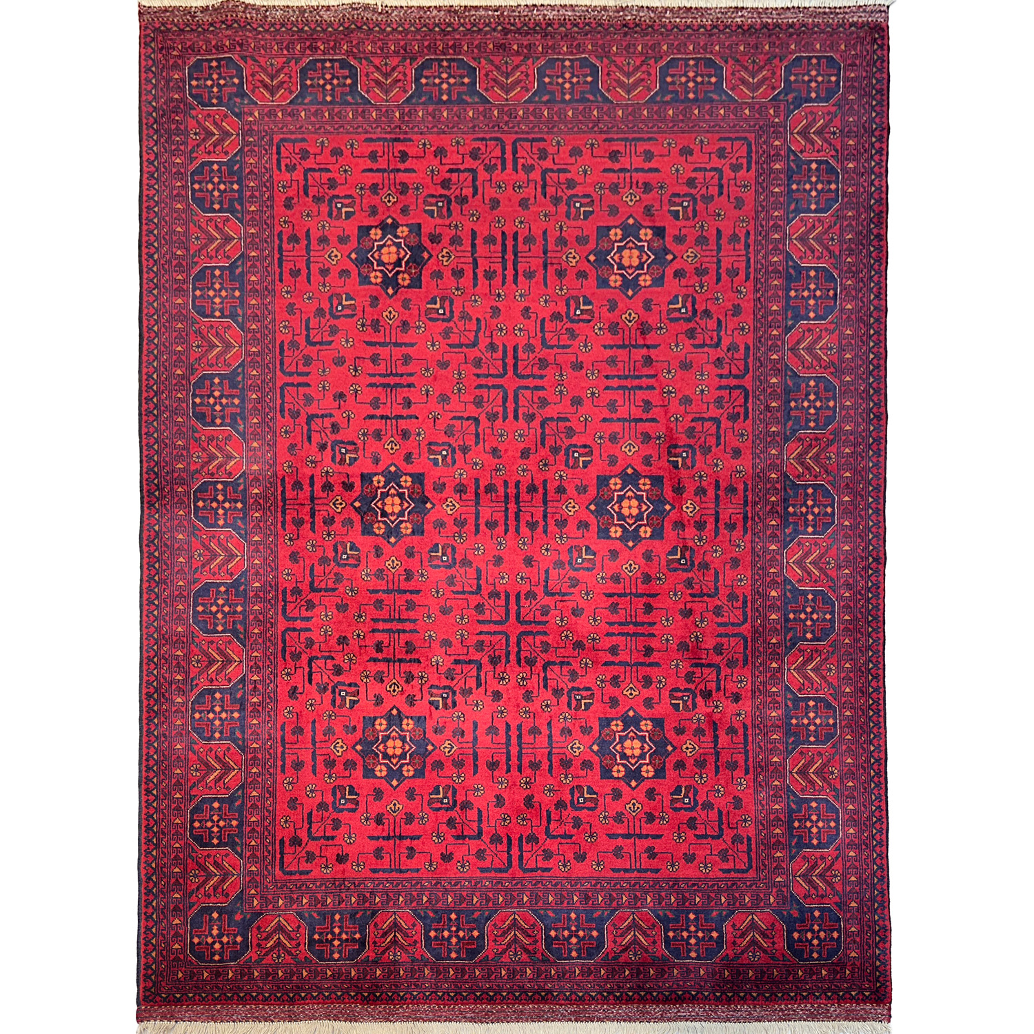 El Dokuma Yıldız Desenli Kırmızı Afgan Yün Halı (150x215 cm)