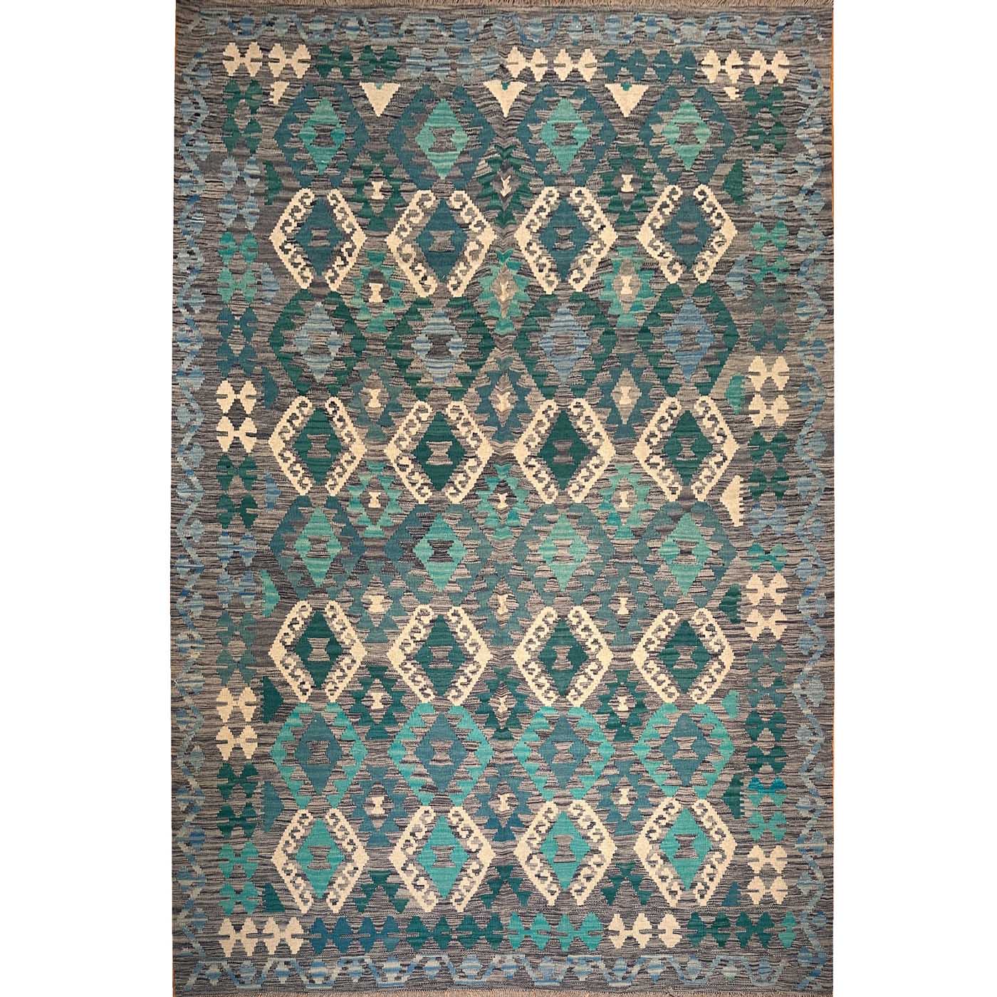 El Dokuma Turkuaz Anadolu Desenli Yün Kilim (205x295 cm)