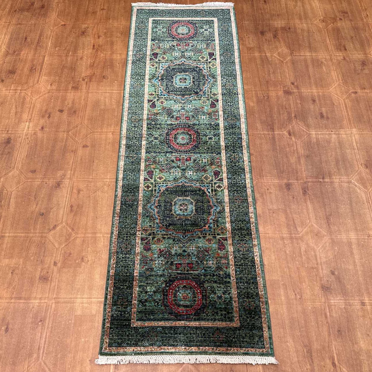 El Dokuma Yeşil Memlük Yün Yolluk Halı (80x240 cm) - Görsel 7