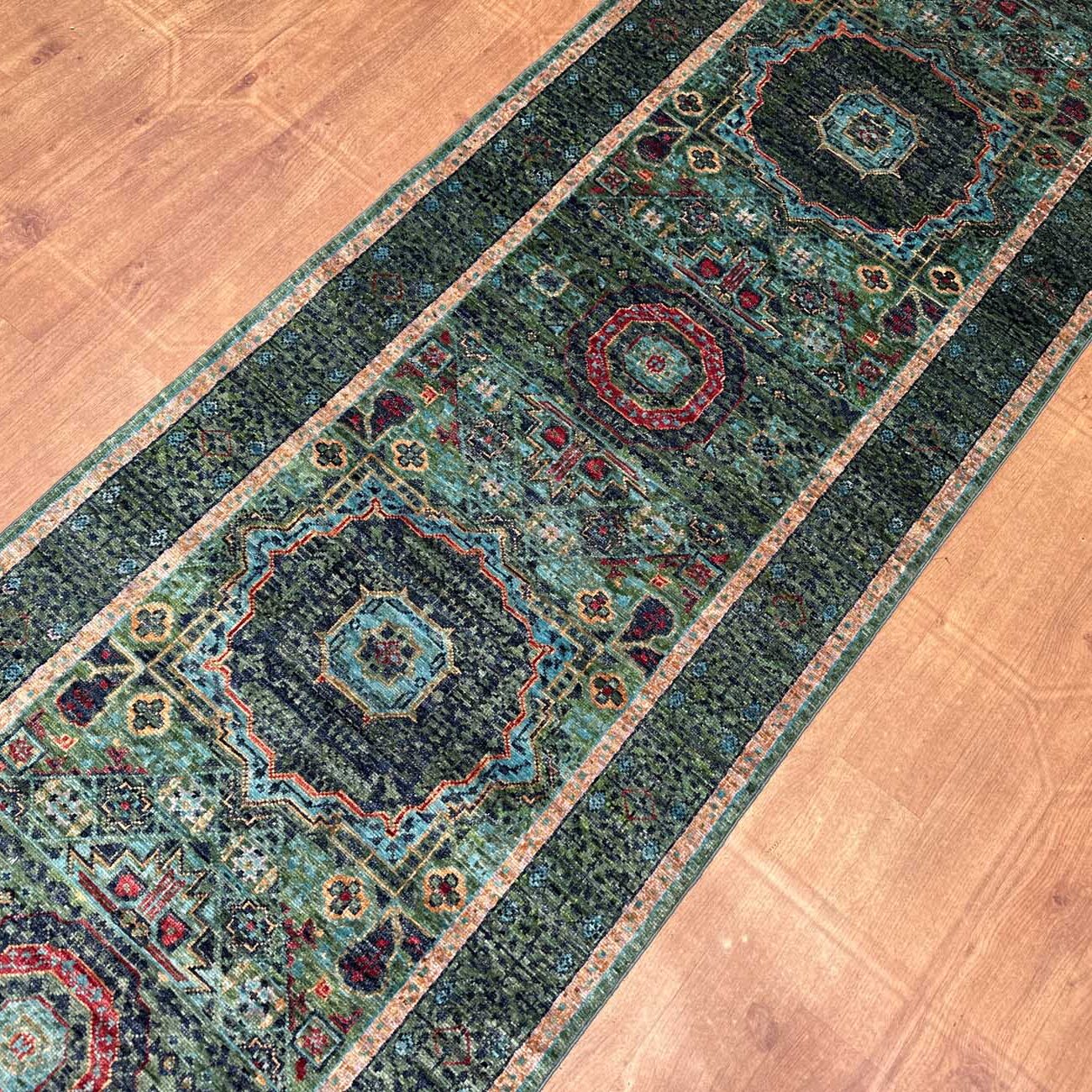 El Dokuma Yeşil Memlük Yün Yolluk Halı (80x240 cm) - Görsel 3