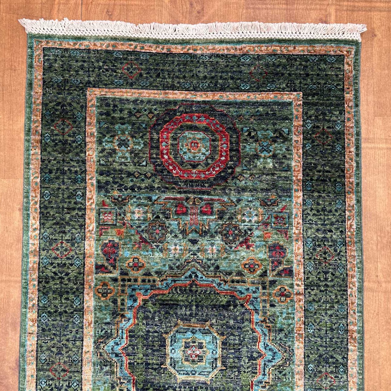 El Dokuma Yeşil Memlük Yün Yolluk Halı (80x240 cm) - Görsel 8