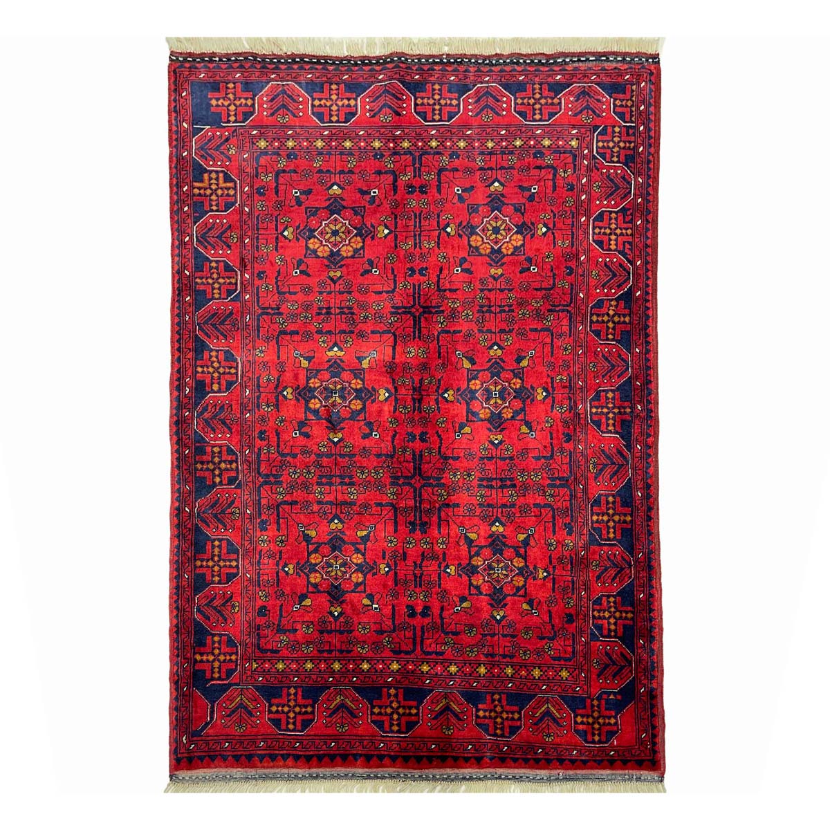 El Dokuma Kırmızı Afgan Bilicik Yün Halı (100x140 cm)