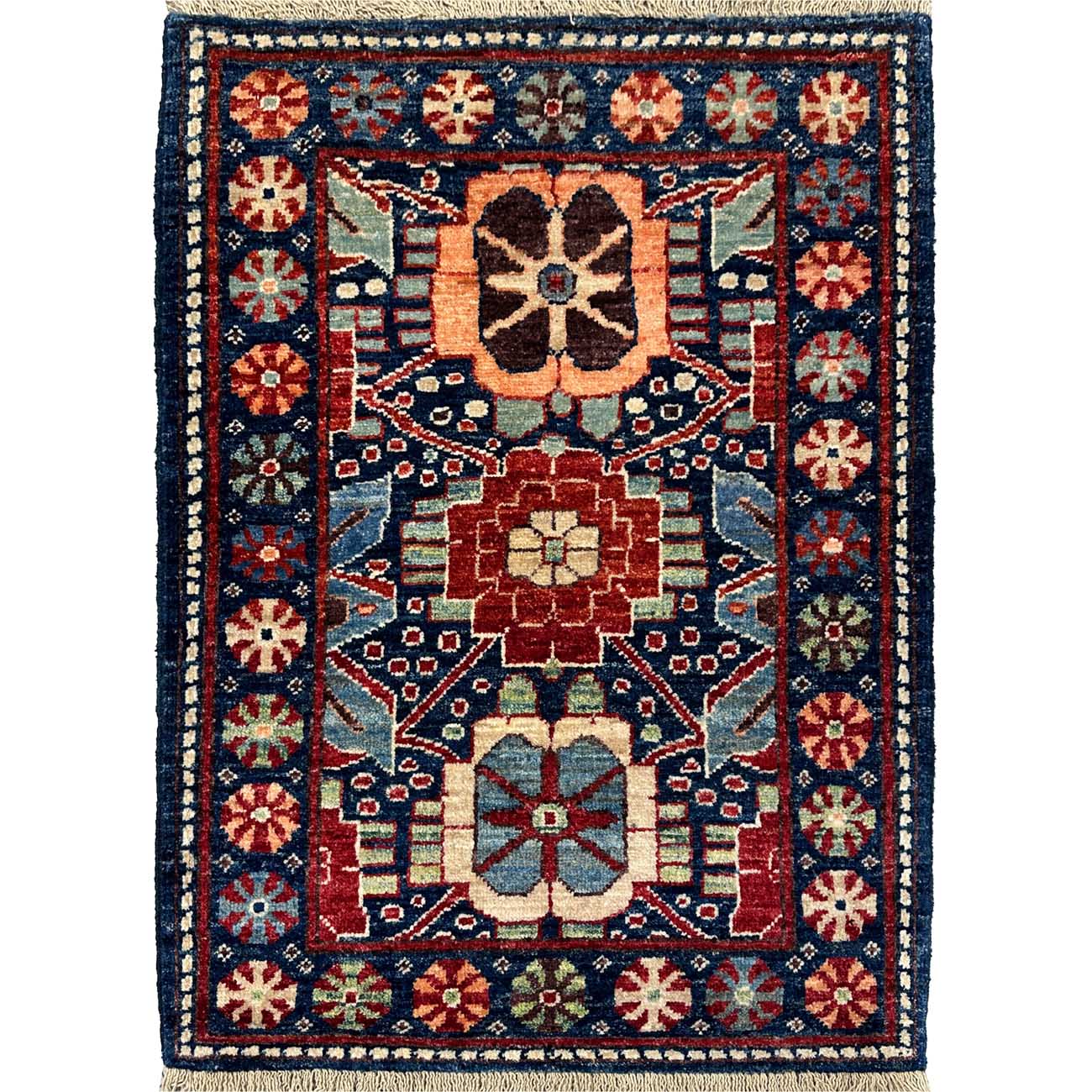 El Dokuma Mavi Afgan Kabile Yün Mini Halı (65x90 cm)