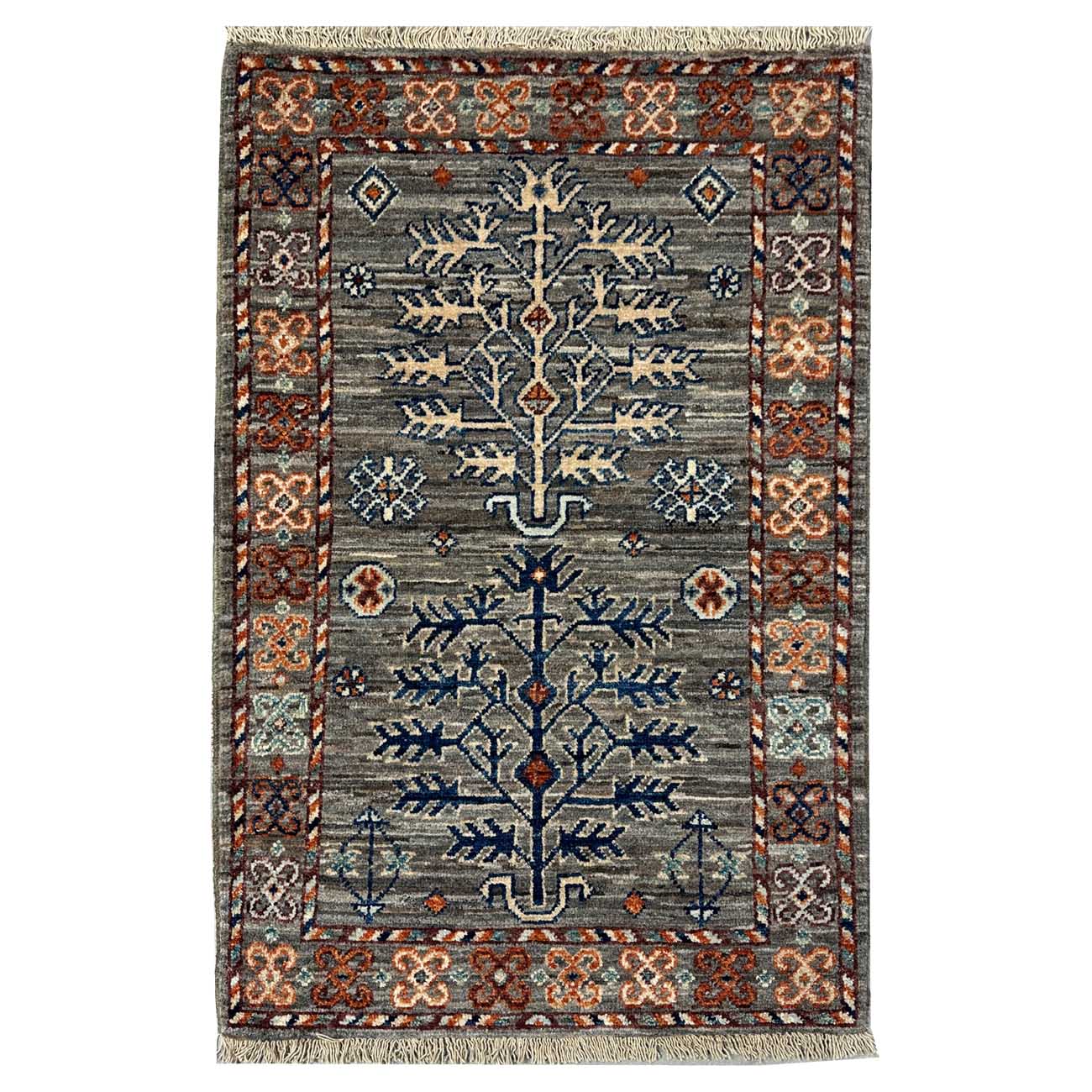 El Dokuma Gri Afgan Kabile Yün Mini Halı (60x95 cm)