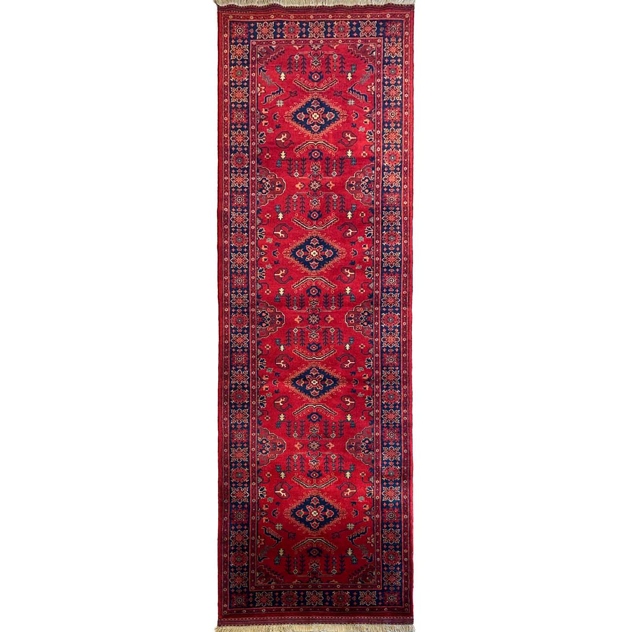 El Dokuma Kırmızı Afgan Yün Yolluk Halı (85x300 cm)