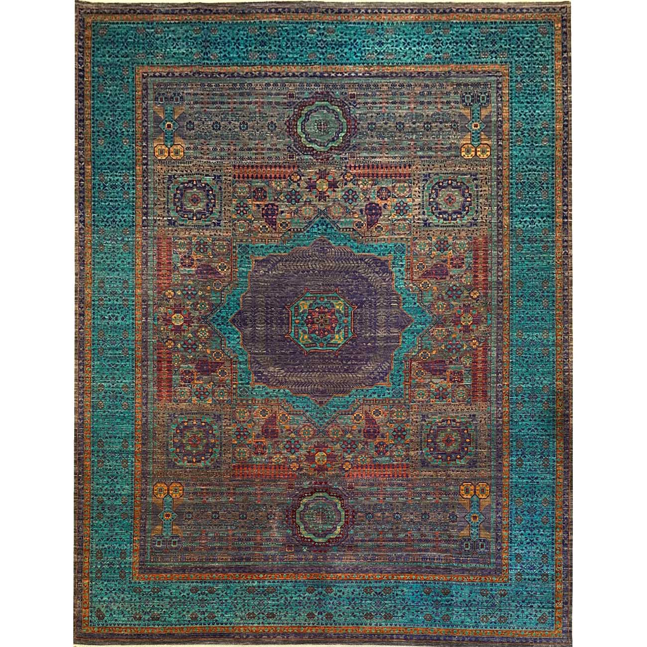 El Dokuma Turkuaz İnce Memlük Yün Halı (300x390 cm)