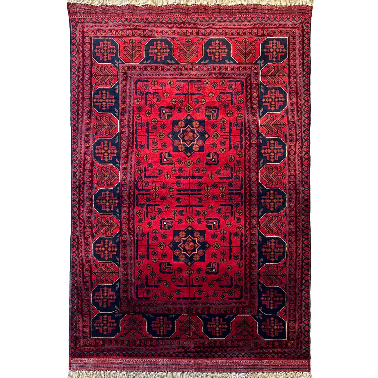 El Dokuma Yıldız Desenli Kırmızı Afgan Yün Halı (105x150 cm)