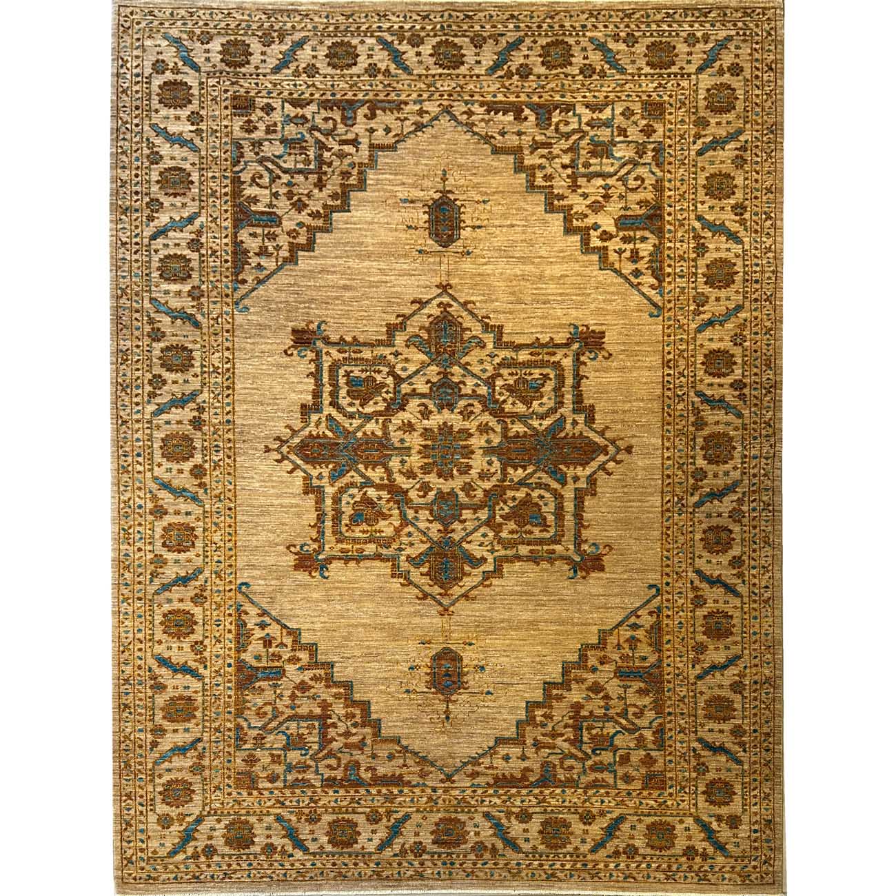 El Dokuma Bej Madalyon Heris Yün Halı (210x290 cm)