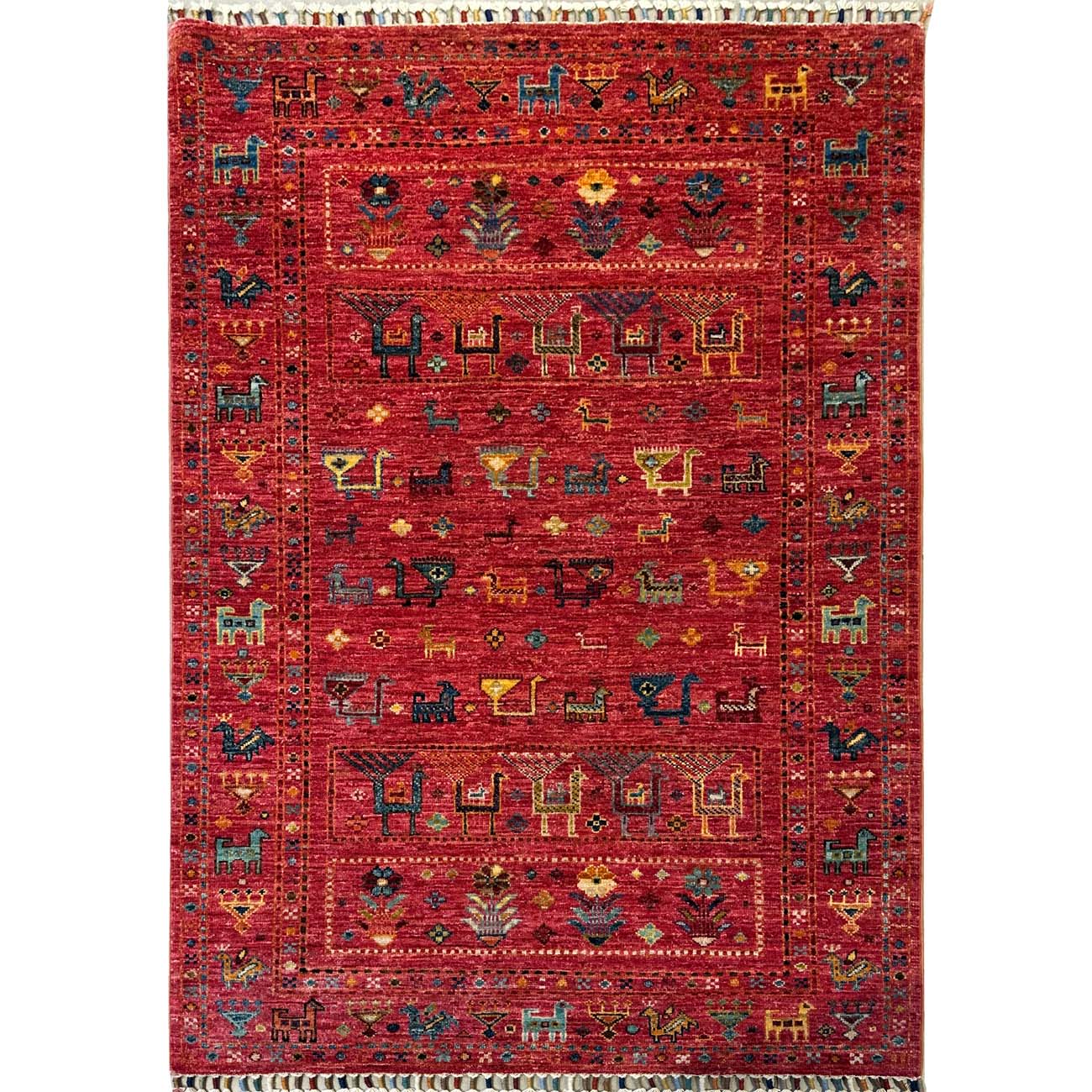 El Dokuma Pembe Figürlü Afgan Kabile Yün Halı (105x155 cm)