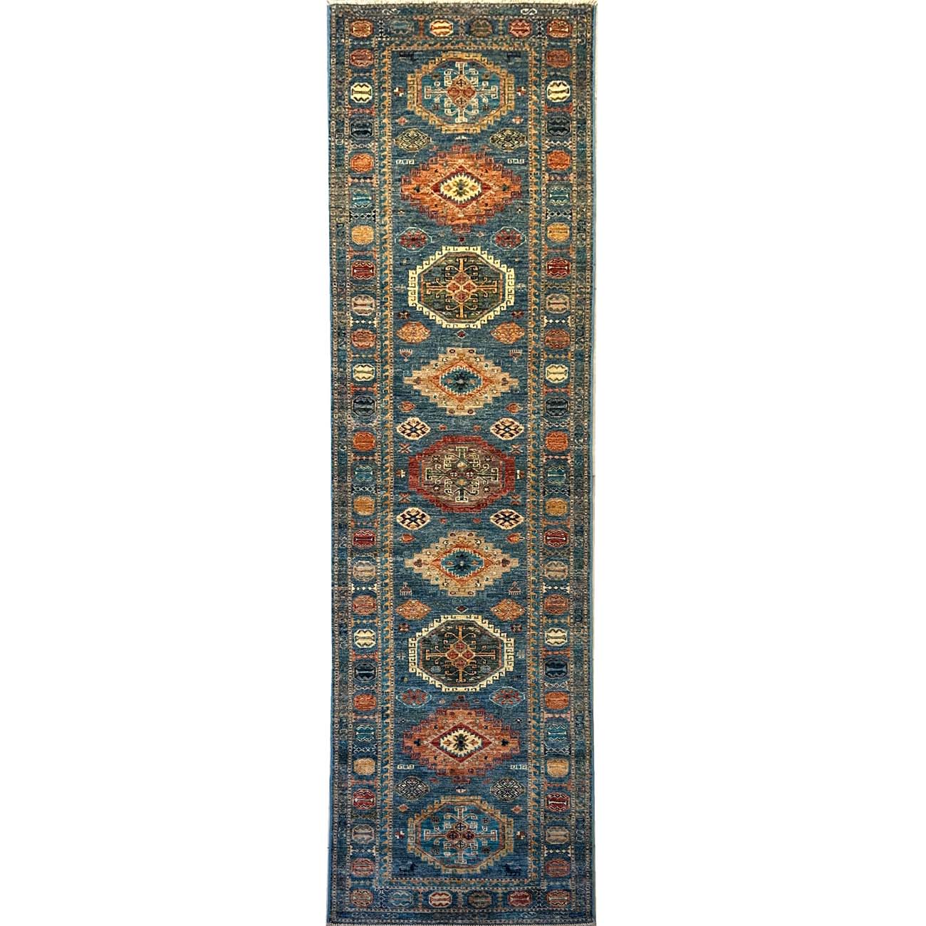 El Dokuma Mavi Kazak Kabile Yün Yolluk Halı (80x300 cm)